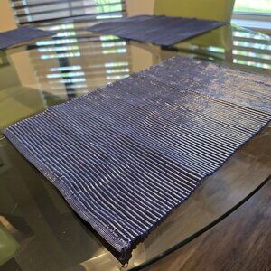 Woven Blue & Shiny Silver Thread Striped Placemats‎ - Set Of 4 - 18" X 13"